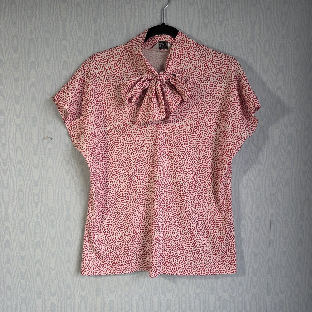 Vtg 80s Blair Womens M/L Blouse Pussybow Polka Dot Retro Knit Rockabilly Pink